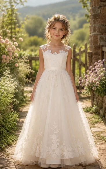 Country Sleeveless Lace Tulle Flower Girl Dress with Illusion Back