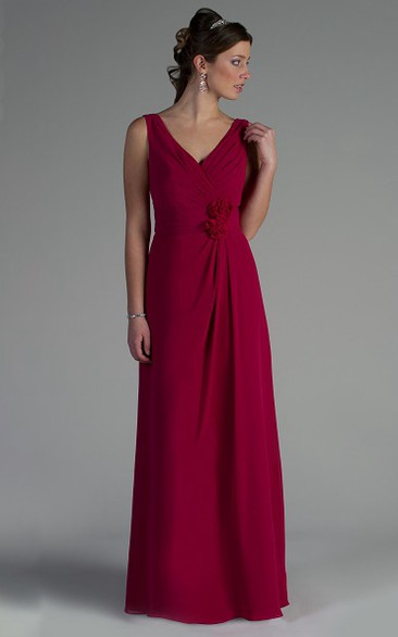 V Neck A-line Chiffon Long Dress With Waist Flowers