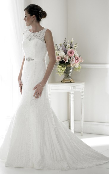 Trumpet Scoop Floor-Length Jeweled Sleeveless Lace Wedding Dress With Illusion Back And Watteau Train