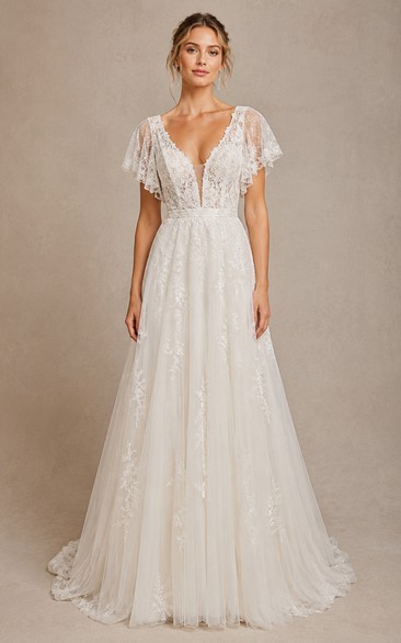 Ivory V-neck Tulle A-line Wedding Dress with Lace