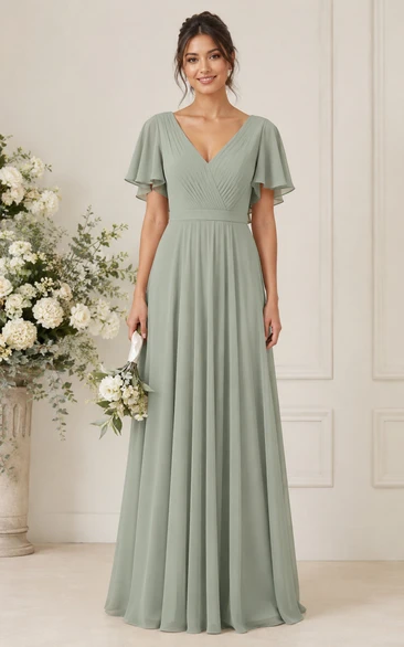 Sage V-neck Short Sleeve A-Line Chiffon Bridesmaid Dress