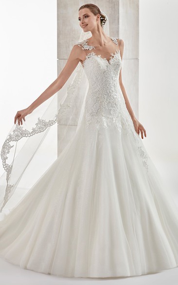 Sweetheart A-line Wedding Dress with Floral Straps and Lace Appliques