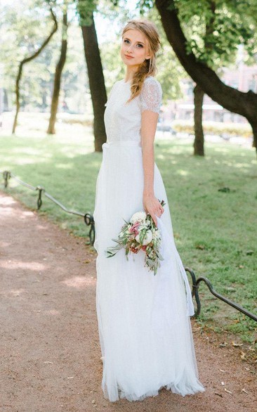 A-Line Floor-Length Tulle Lace Satin Sage Bridesmaid Dress With Flower