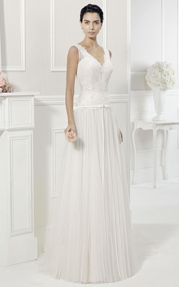 V Neck V Back Lace Drop Waist Tulle Bridal Gown With Belt