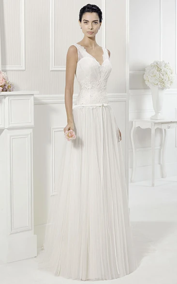 V Neck V Back Lace Drop Waist Tulle Bridal Gown With Belt