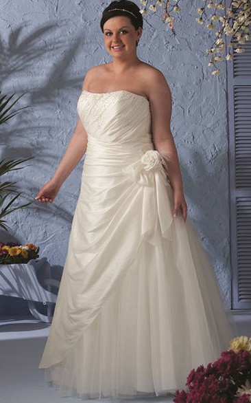 Strapless Lace-up Taffeta Wrapped Bridal Gown With Flower And Tulle Skirt