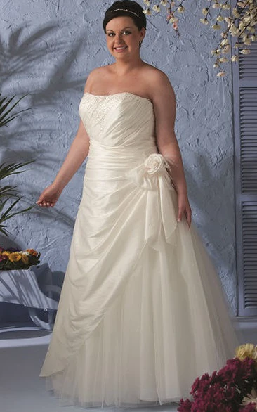 Strapless Lace-up Taffeta Wrapped Bridal Gown With Flower And Tulle Skirt