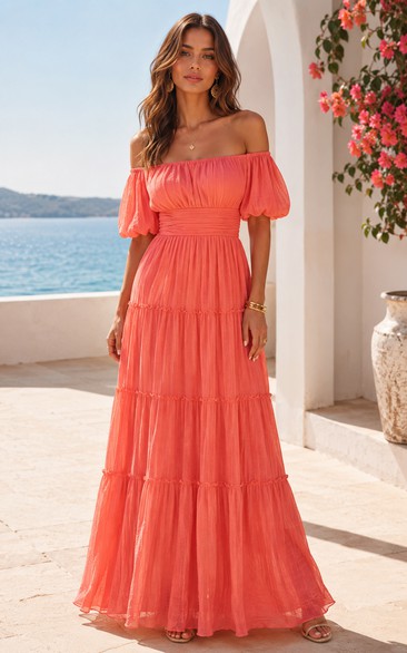 Coral Off-the-shoulder Tiered Chiffon Floor-Length Dress