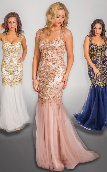 Sheath Sleeveless Beaded Long Strapped Tulle&Satin Prom Dress With Sequins