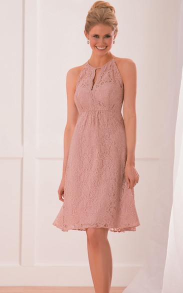 High-Neck Sleeveless Knee-Length Lace Bridesmaid Dress With Keyhole