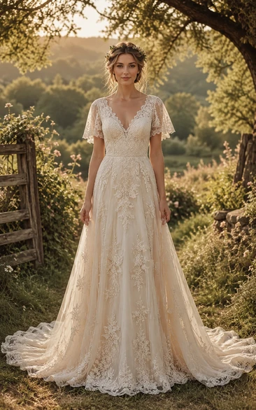 V-Neck Lace A-Line Vintage Wedding Dress