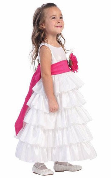 Ankle-Length Tiered Taffeta Flower Girl Dress
