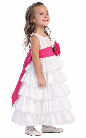 Ankle-Length Tiered Taffeta Flower Girl Dress