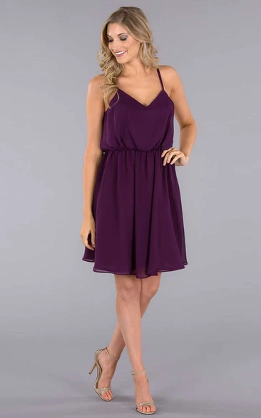 Mini Sleeveless Spaghetti Chiffon Bridesmaid Dress With Low-V Back