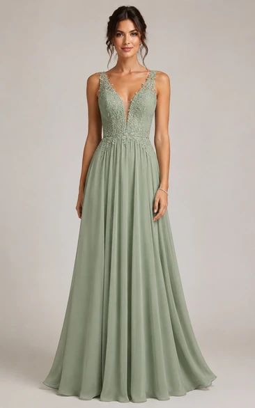 Robe de bal en mousseline vert sauge, coupe trapèze, dos lacé, corsage en dentelle à col en V
