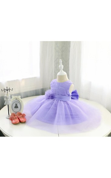 Scoop Neck Sleeveless A-line Pleated Tulle Ball Gown With Flower and Bow