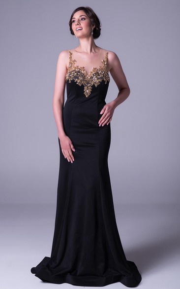 Scoop Long Beaded Chiffon Prom Dress With Sweep Train And Illusion