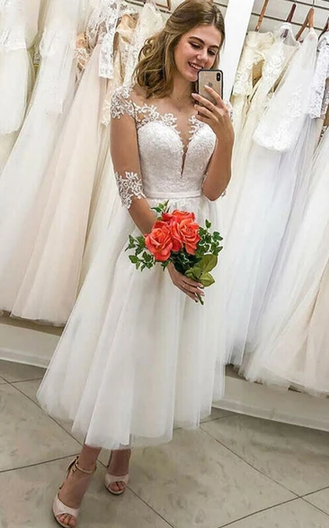 Casual 3-4-sleeve Empire Tea-length Lace Notched Wedding Dress
