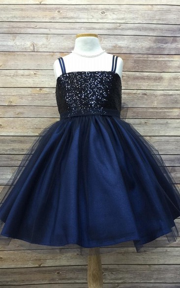 Spaghetti Tea-Length Tulle&Sequins Flower Girl Dress