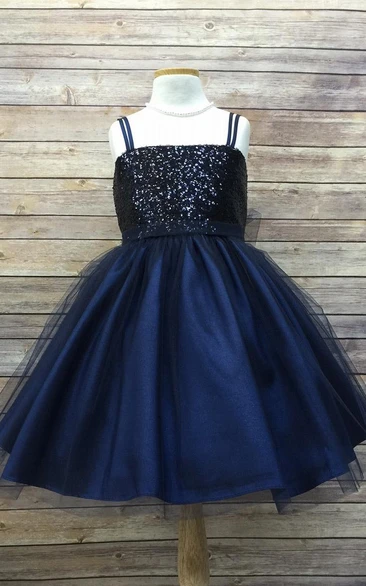 Spaghetti Tea-Length Tulle&Sequins Flower Girl Dress