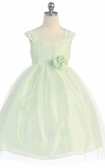 Tea-Length Straps Tiered Empire Tulle Flower Girl Dress