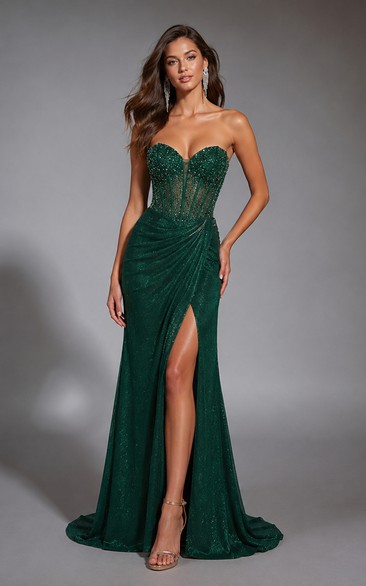 Dark Green Strapless Glitter Mermaid Prom Gown with Split