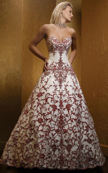 A-Line Embroidered Sweetheart Floor-Length Sleeveless Wedding Dress With Ruching And Beading