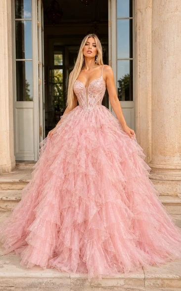Blushing Pink Tulle Ball Gown with Beaded Bodice and Fluffy Layered Skirt