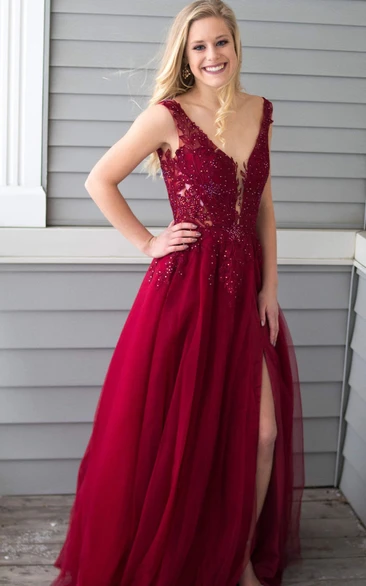 Chiffon Floor-length A Line Sleeveless Romantic Prom Dress with Appliques