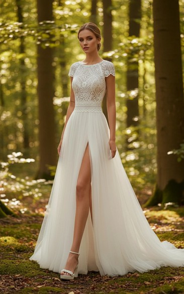 Short Sleeve Lace High-Slit A-line Tulle Forest Wedding Dress
