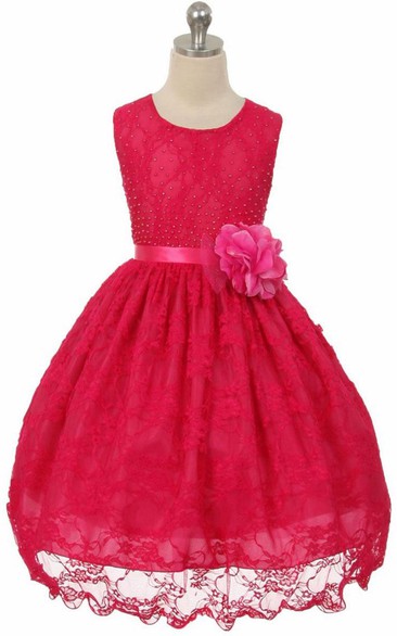 Tea-Length Beaded Floral Lace Flower Girl Dress With Sash
