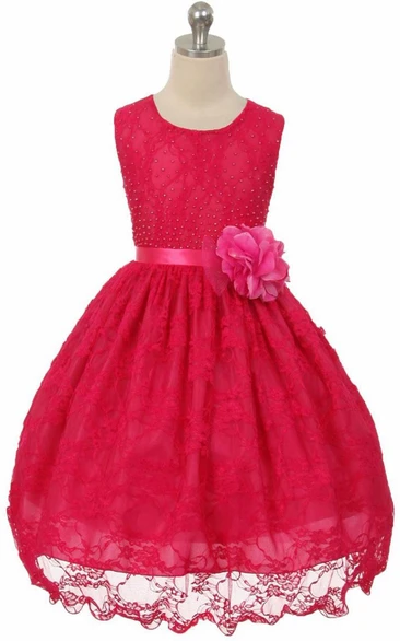 Tea-Length Beaded Floral Lace Flower Girl Dress With Sash
