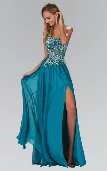 Sheath Maxi Strapless Sleeveless Chiffon Backless Dress With Beading And Split Front