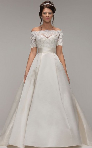 A-Line Off-The-Shoulder Short-Sleeve Satin Wedding Dress With Illusion