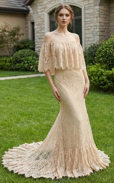 Off-Shoulder Scalloped Lace Sheath Gown with Train