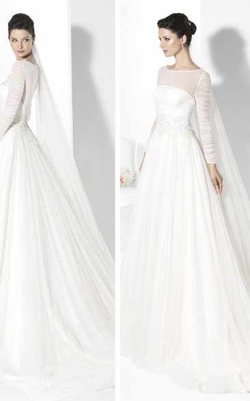 Floor-Length Scoop Appliqued Long-Sleeve Tulle Wedding Dress