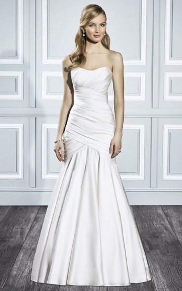 Trumpet Strapless Long Satin Wedding Dress With Ruching And V Back