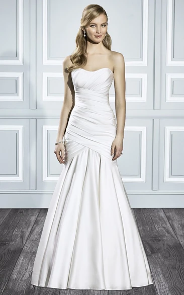 Trumpet Strapless Long Satin Wedding Dress With Ruching And V Back