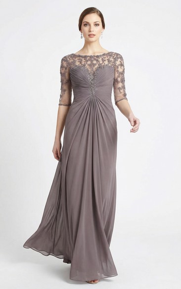 Ruched Bateau Neck Half Sleeve Chiffon Gown