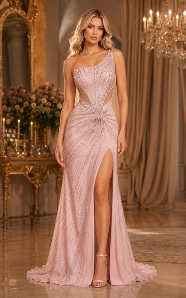 Sequin Prom Dress in Blushing Pink, One-Shoulder Sheath Sweep Train Gown with Sequins and Beading