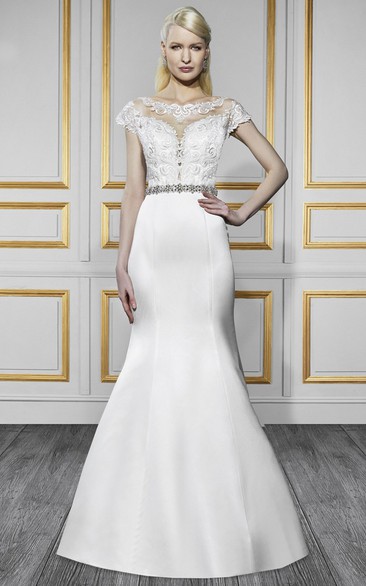 Trumpet Floor-Length Bateau-Neck Cap-Sleeve Jeweled Satin Wedding Dress With Appliques And Illusion