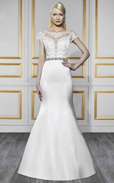 Trumpet Floor-Length Bateau-Neck Cap-Sleeve Jeweled Satin Wedding Dress With Appliques And Illusion