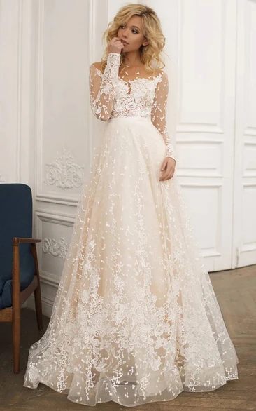 Elegant Illussion Long Sleeve Tulle A-line Wedding Dress with Lace Applique