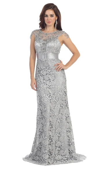 Sheath Floor-Length Scoop-Neck Cap-Sleeve Lace Sweep Train Keyhole Dress