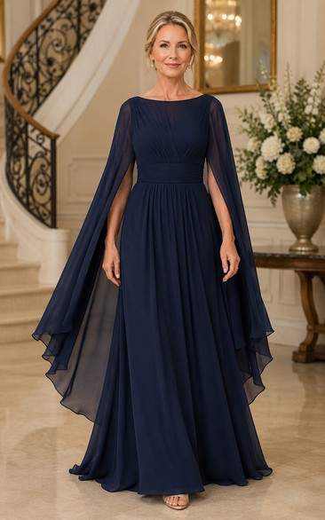 Dark Navy A-Line Chiffon Long Cape Sleeve Mother Dress