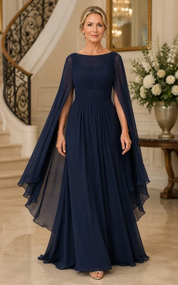 Dark Navy A-Line Chiffon Long Cape Sleeve Mother Dress