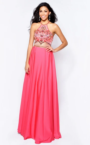 A-Line Scoop-Neck Sleeveless Jersey Dress With Beading And Pleats