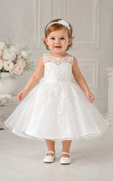 Baby Christening Gown Modest A-Line Cap Sleeve Tulle Lace Tea-Length with Bow Sash in White