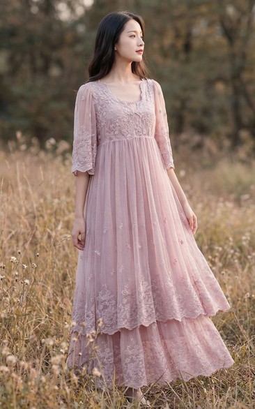 Floral Embroidered Tiered Lace Party Dress