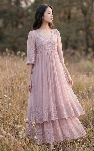 Floral Embroidered Tiered Lace Party Dress